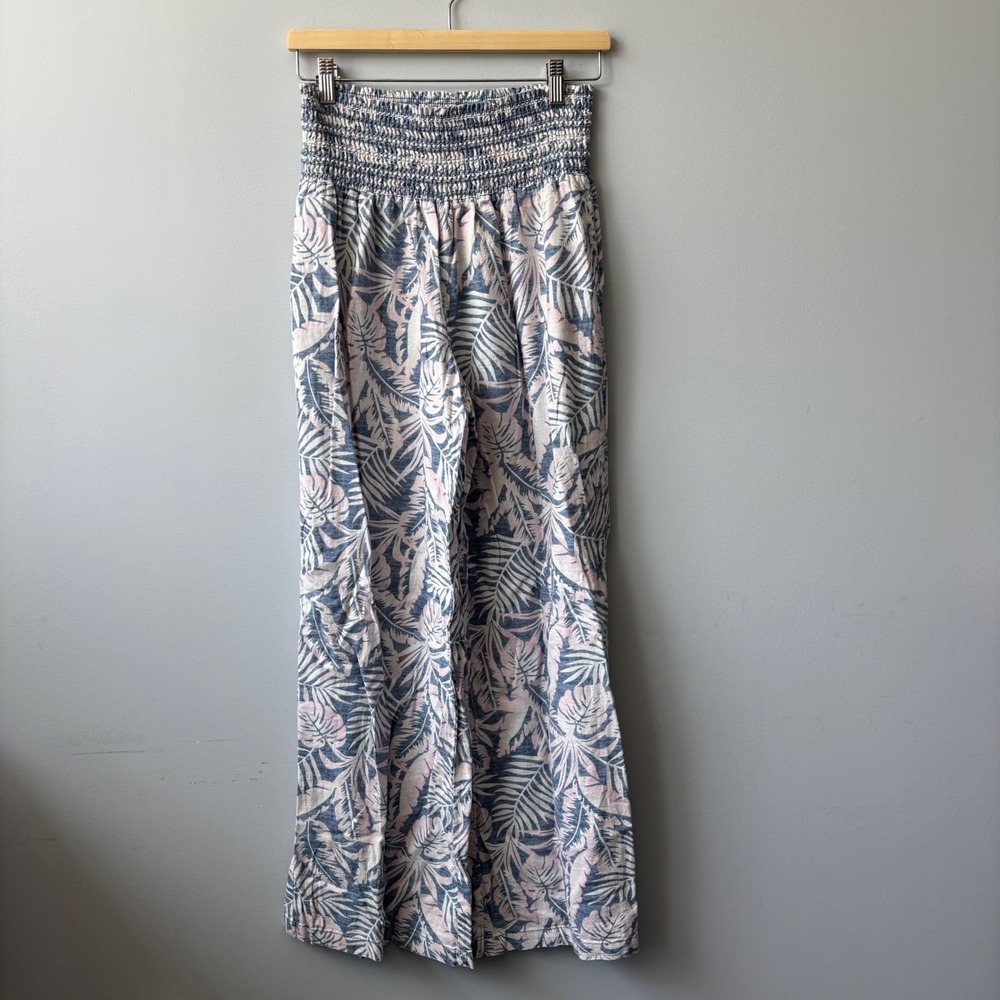 Dahui Hawaii Womens Linen Blend Wide Leg Tropical Palm Print Smocked Pants L